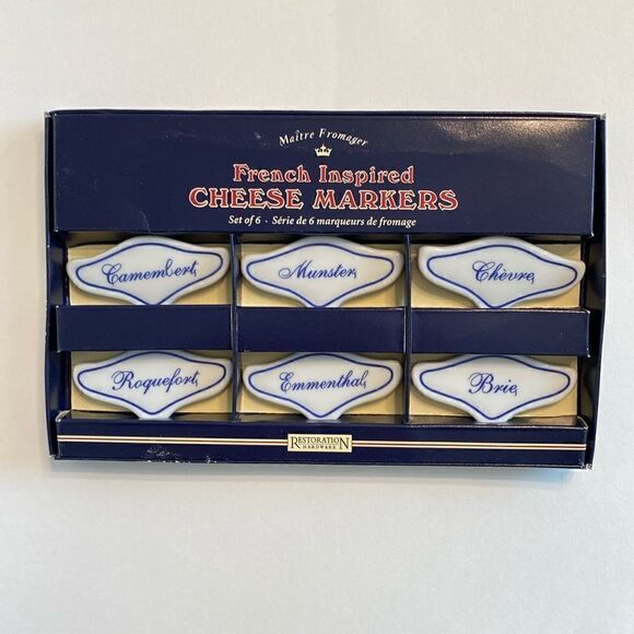 Restoration Hardware French Inspired Ceramic Cheese Markers Set Of 6 White Blue - Picture 1 of 8